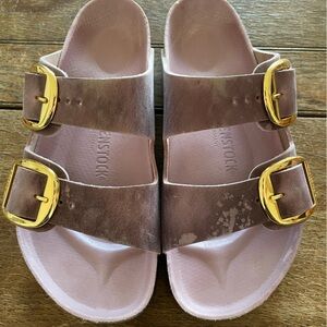 Lavender Birkenstock Double Strap Sandals with Gold Buckles - Size 39